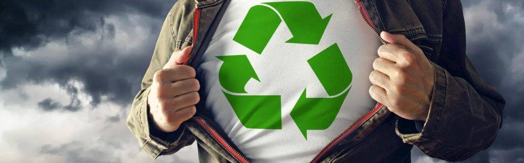 Man stretching jacket to reveal shirt with recycle symbol printed